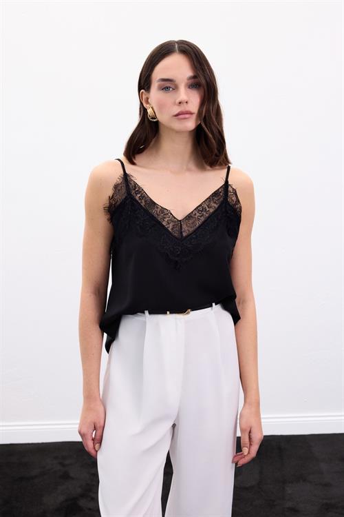 Wholesale Womens Black Strappy Blouse with Lace Trim
