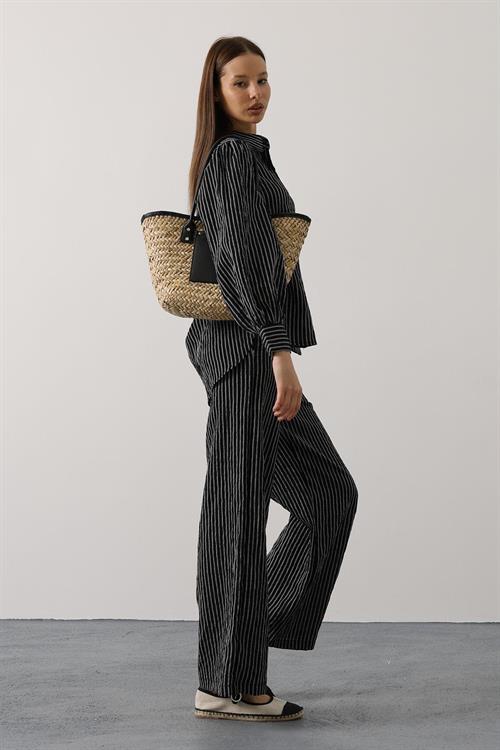 Wholesale Womens Black Striped Two-Piece Set – Shirt and Pants