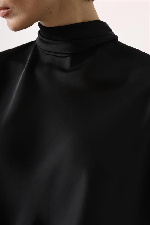 Wholesale Womens Black Tie-Neck Blouse with Feather Fringe