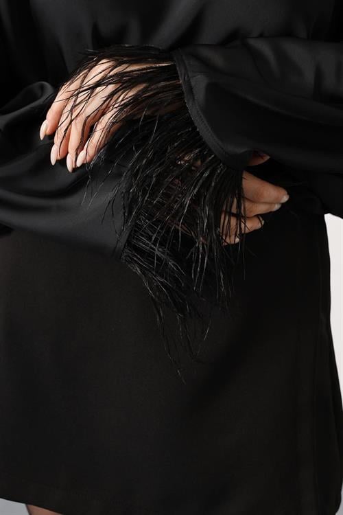 Wholesale Womens Black Tie-Neck Blouse with Feather Fringe