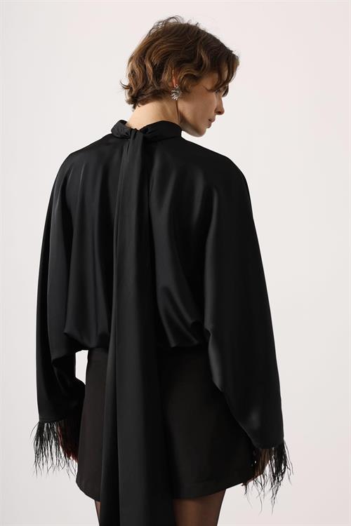 Wholesale Womens Black Tie-Neck Blouse with Feather Fringe