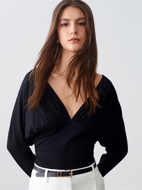 Wholesale Womens Black V-Neck Batwing Top with Underbust Gathering