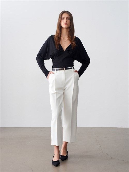 Wholesale Womens Black V-Neck Batwing Top with Underbust Gathering