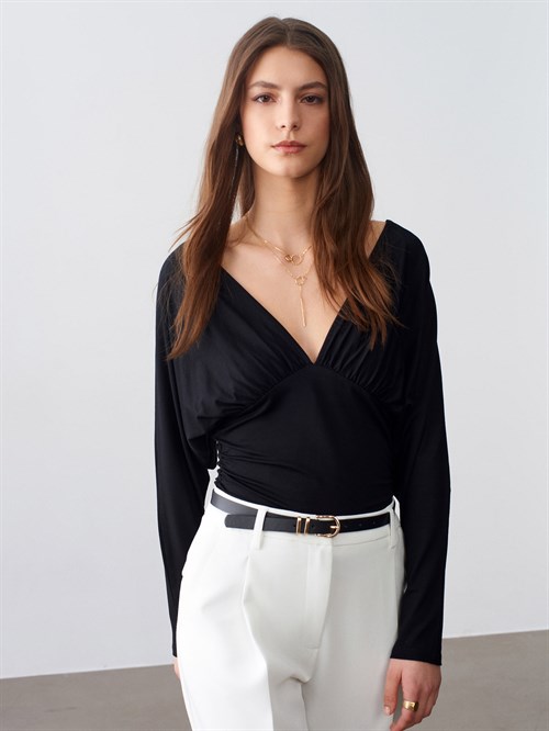 Wholesale Womens Black V-Neck Batwing Top with Underbust Gathering