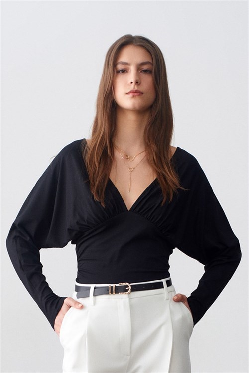 Wholesale Womens Black V-Neck Batwing Top with Underbust Gathering