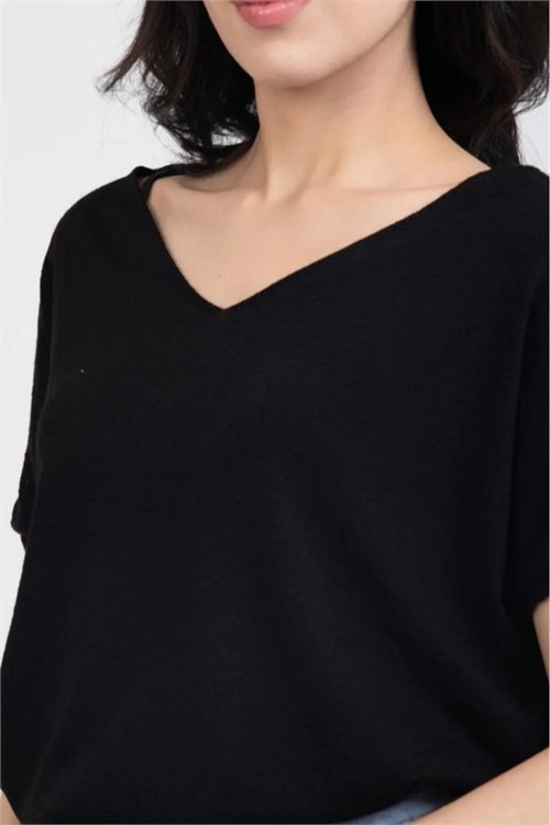 Wholesale Womens Black V-Neck Mercerized Knit Sweater with Short Sleeves