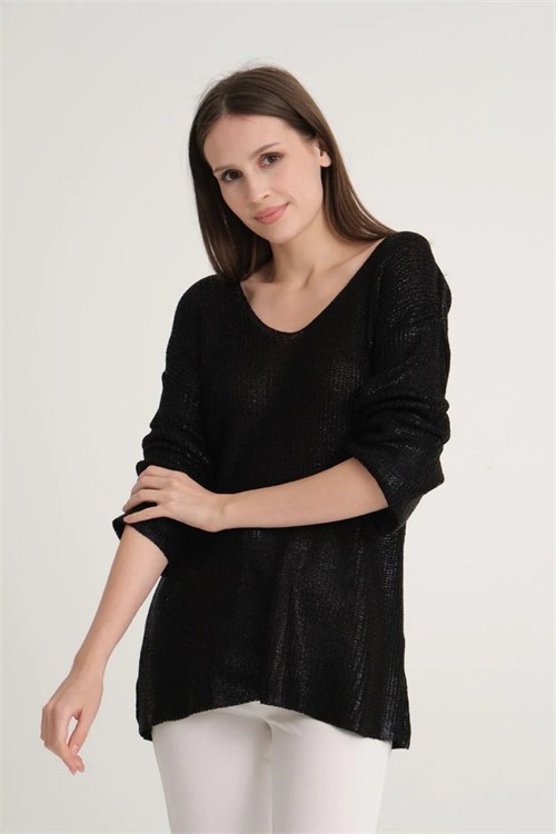 Wholesale Womens Black V-Neck Shimmering Foil Knit Sweater