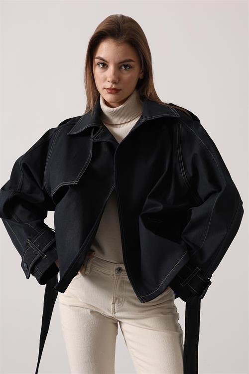 Wholesale Womens Black Washed Effect Denim Jacket with Belt