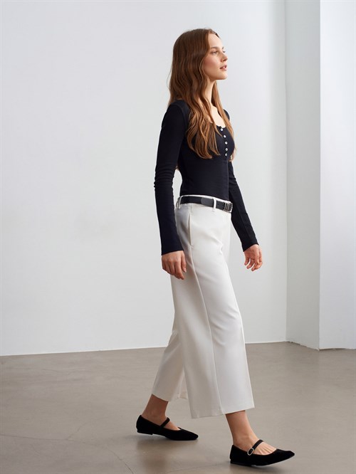 Wholesale Womens Black Wool Long-Sleeve Blouse with Buttoned Half Placket