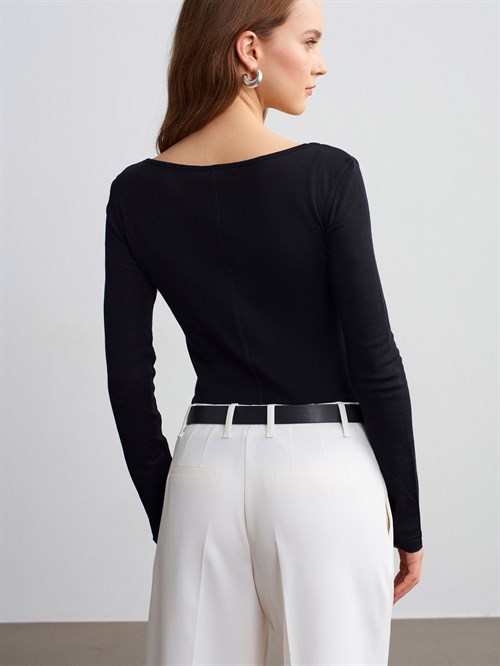 Wholesale Womens Black Wool Long-Sleeve Blouse with Buttoned Half Placket