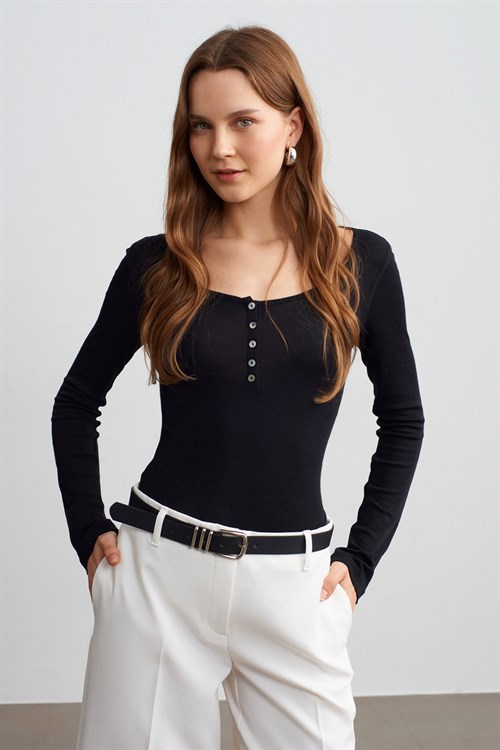 Wholesale Womens Black Wool Long-Sleeve Blouse with Buttoned Half Placket