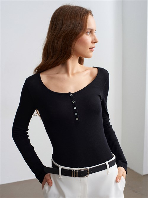 Wholesale Womens Black Wool Long-Sleeve Blouse with Buttoned Half Placket