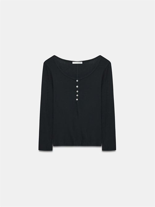 Wholesale Womens Black Wool Long-Sleeve Blouse with Buttoned Half Placket