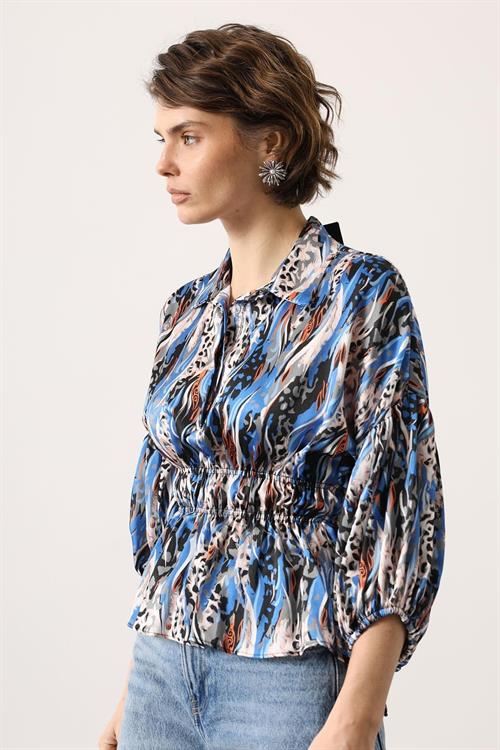 Wholesale Womens Blue Satin Shirt with Gathered Elastic Waist and Half Placket