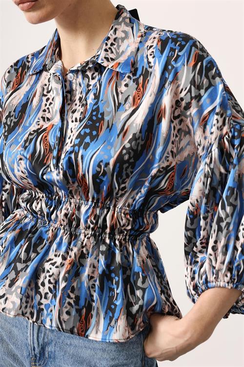 Wholesale Womens Blue Satin Shirt with Gathered Elastic Waist and Half Placket