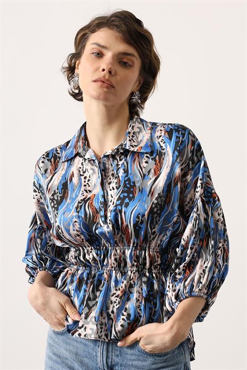 Wholesale Womens Blue Satin Shirt with Gathered Elastic Waist and Half Placket