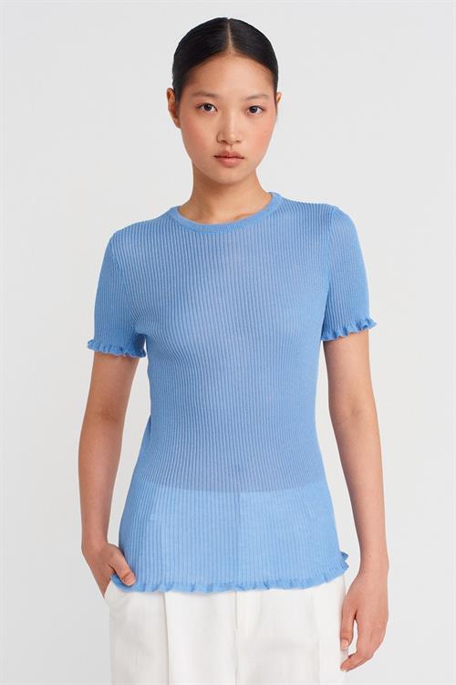 Wholesale Womens Blue Short-Sleeve Fine Knit Crew-Neck Blouse with Ruffled Trim