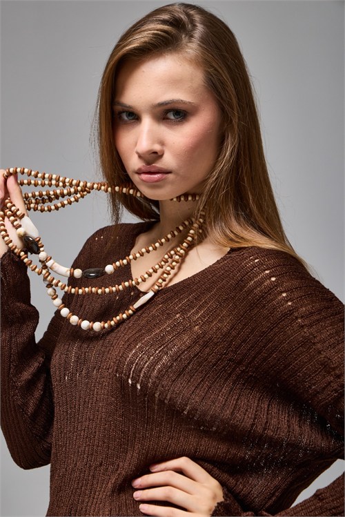 Wholesale Womens Brown Asymmetric Openwork Knit Sweater