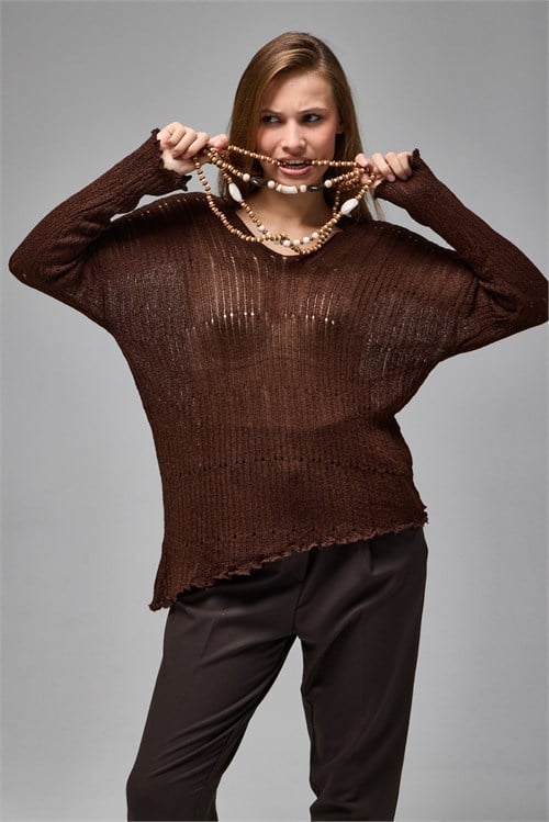 Wholesale Womens Brown Asymmetric Openwork Knit Sweater