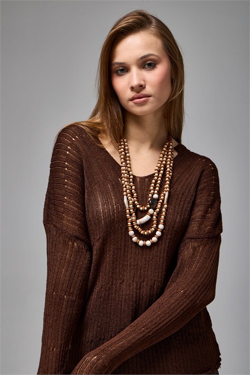 Wholesale Womens Brown Asymmetric Openwork Knit Sweater