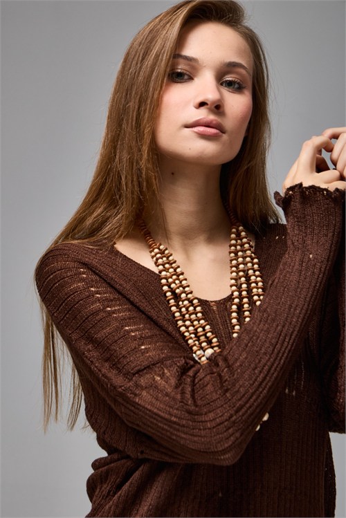 Wholesale Womens Brown Asymmetric Openwork Knit Sweater