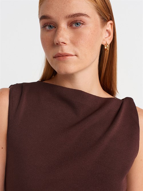 Wholesale Womens Brown Boat-Neck Draped Fine Knit Blouse