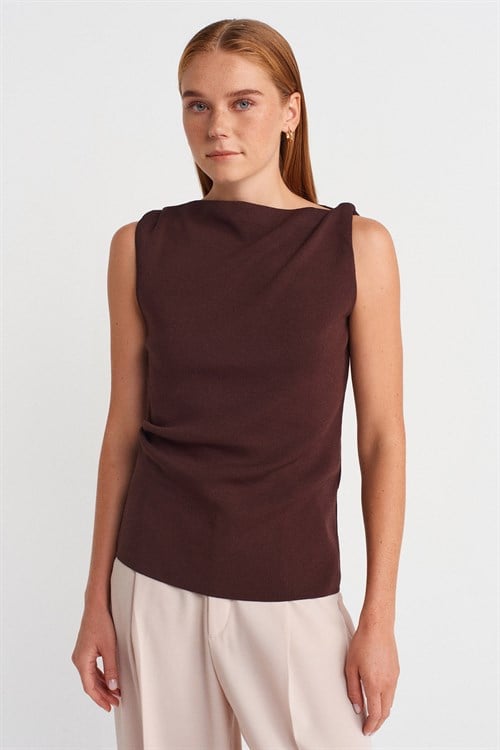 Wholesale Womens Brown Boat-Neck Draped Fine Knit Blouse