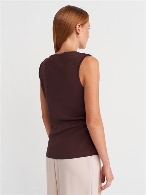 Wholesale Womens Brown Boat-Neck Draped Fine Knit Blouse