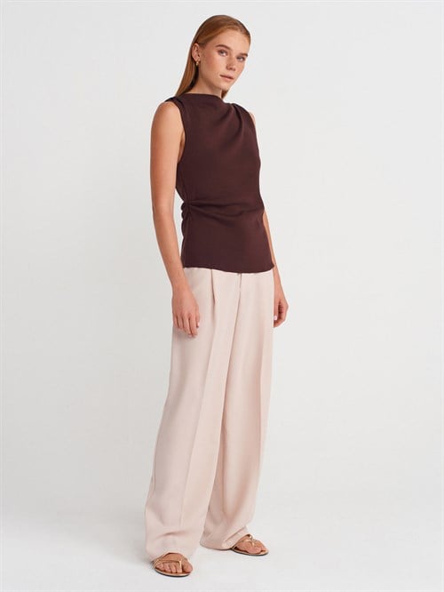 Wholesale Womens Brown Boat-Neck Draped Fine Knit Blouse