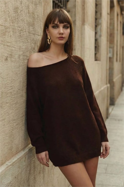 Wholesale Womens Brown Boat-Neck Mercerized Knit Sweater with Raglan Sleeves