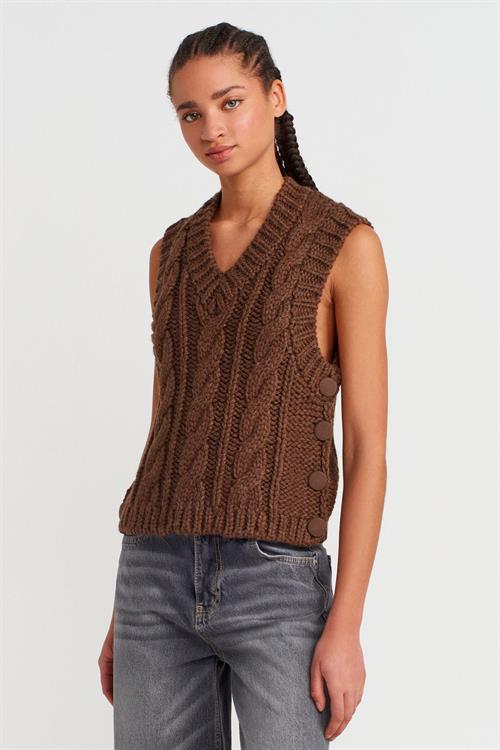 Wholesale Womens Brown Cable Knit V-Neck Sleeveless Sweater with Side Buttons