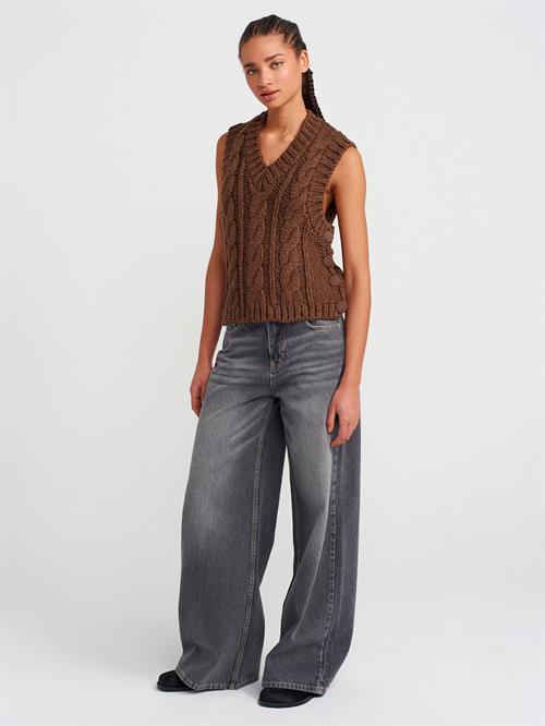 Wholesale Womens Brown Cable Knit V-Neck Sleeveless Sweater with Side Buttons