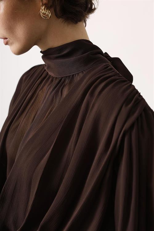 Wholesale Womens Brown Chiffon Blouse with Tie-Neck