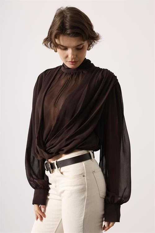 Wholesale Womens Brown Chiffon Blouse with Tie-Neck