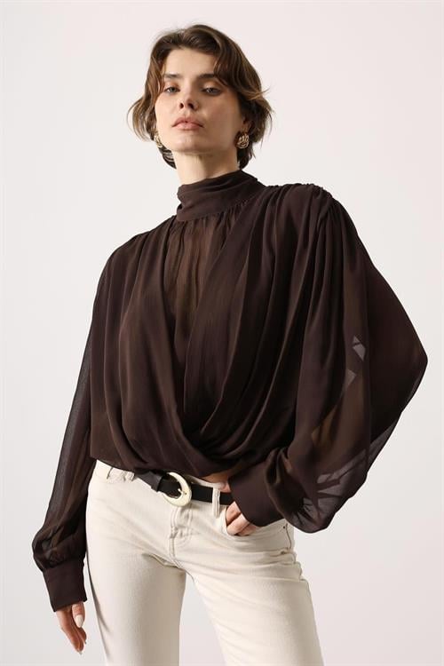 Wholesale Womens Brown Chiffon Blouse with Tie-Neck