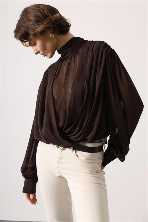 Wholesale Womens Brown Chiffon Blouse with Tie-Neck