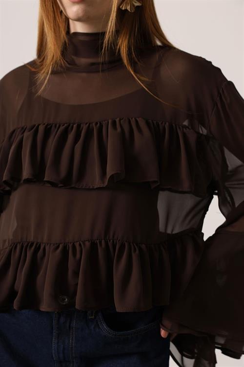 Wholesale Womens Brown Chiffon Draped Long-Sleeve Blouse