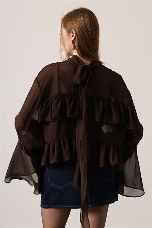 Wholesale Womens Brown Chiffon Draped Long-Sleeve Blouse