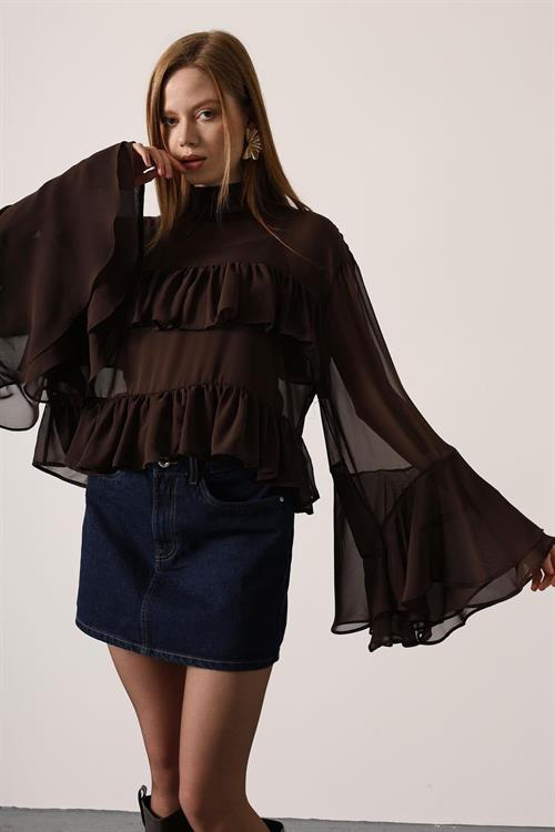 Wholesale Womens Brown Chiffon Draped Long-Sleeve Blouse