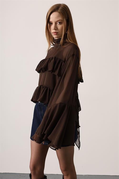 Wholesale Womens Brown Chiffon Draped Long-Sleeve Blouse