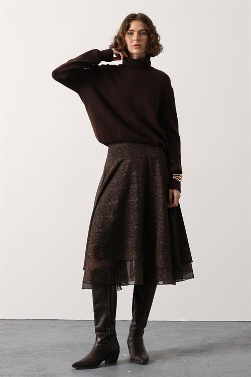 Wholesale Womens Brown Chiffon Layered Midi Skirt