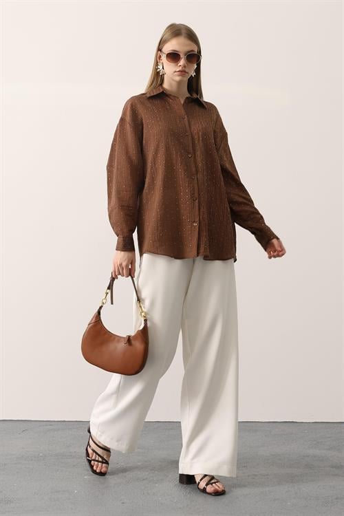 Wholesale Womens Brown Chiffon Shirt with Rhinestone Embellishment