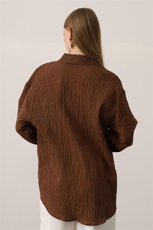 Wholesale Womens Brown Chiffon Shirt with Rhinestone Embellishment