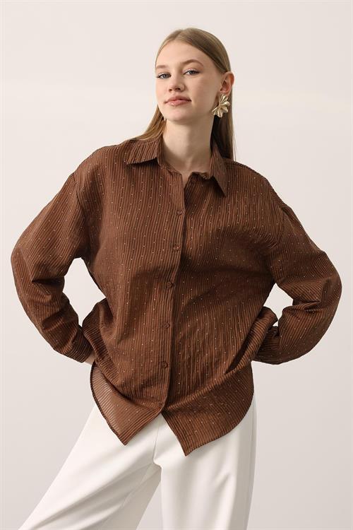 Wholesale Womens Brown Chiffon Shirt with Rhinestone Embellishment