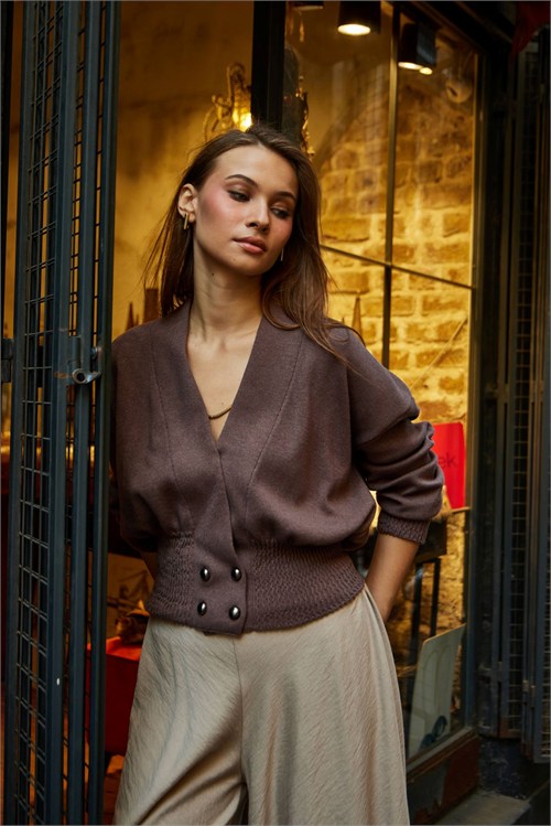 Wholesale Womens Brown Cinched-Waist Dolman-Sleeve Knit Jacket