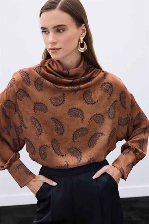 Wholesale Womens Brown Cowl-Neck Patterned Blouse