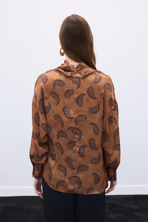 Wholesale Womens Brown Cowl-Neck Patterned Blouse