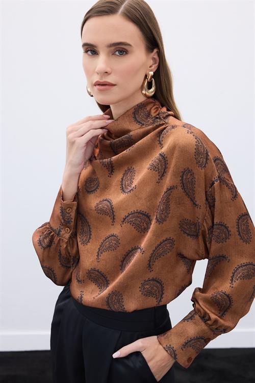 Wholesale Womens Brown Cowl-Neck Patterned Blouse