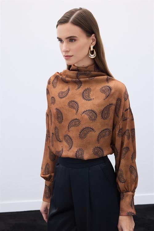 Wholesale Womens Brown Cowl-Neck Patterned Blouse