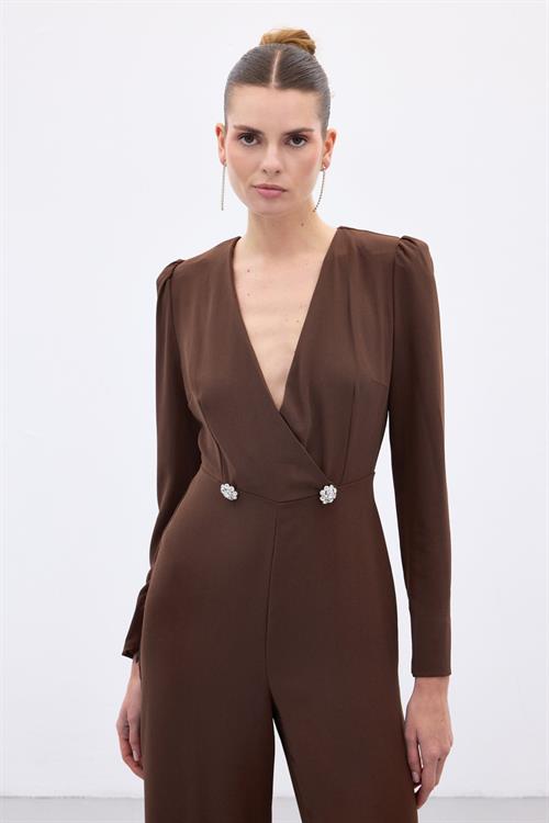 Wholesale Womens Brown Crepe Jumpsuit with Rhinestone Accessories